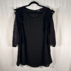 City Chic Blouse Women's Plus Size Black Round Neck Crotche 3/4 Sleeve